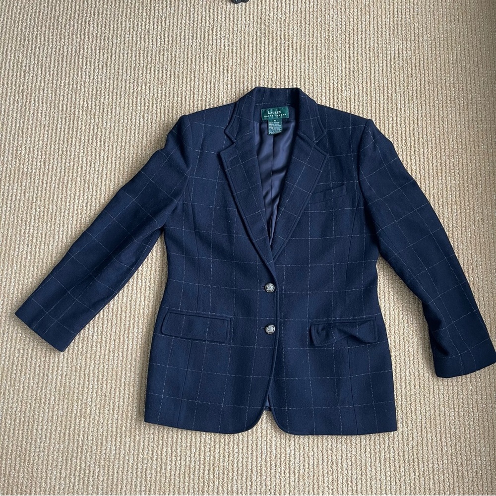 Lauren Ralph Lauren Navy white Windowpane Plaid Wool Oversized Blazer SZ 10